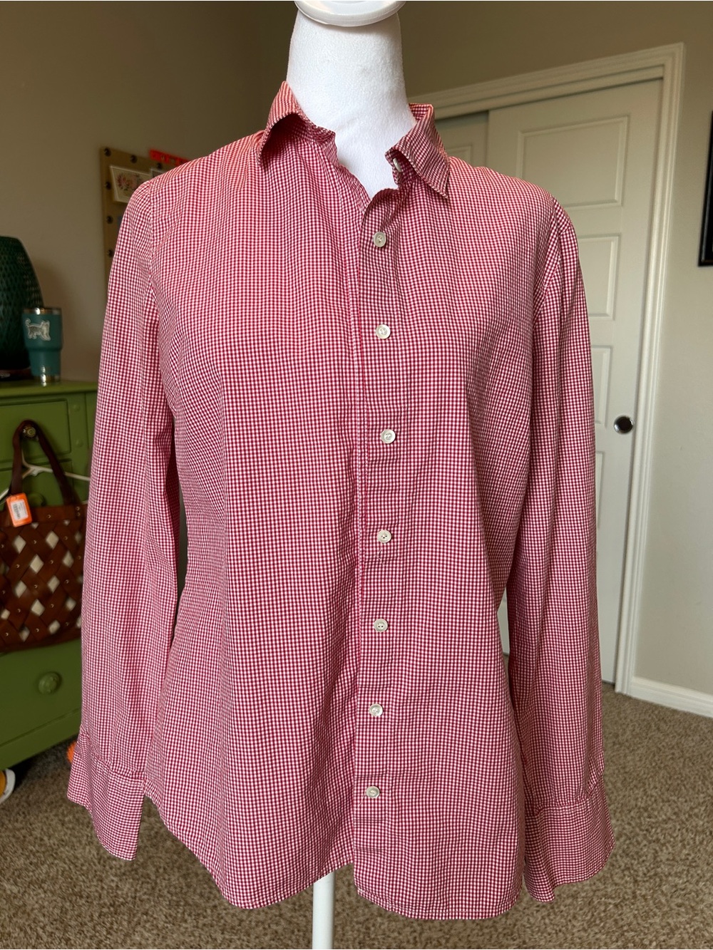 J. CREW Perfect Stretch Red Gingham Women’s Oxford Button Down Size S